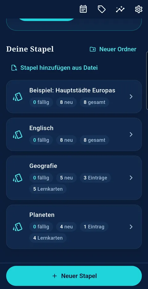 Stapelübersicht von ARLUNA Lernkarten mit den Stapeln Hauptstädte Europas, Englisch, Geografie und Planeten