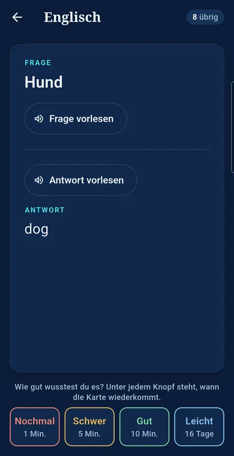 Lernkarte „Hund – dog“ mit Vorlese-Knöpfen und den Bewertungen Nochmal, Schwer, Gut und Leicht