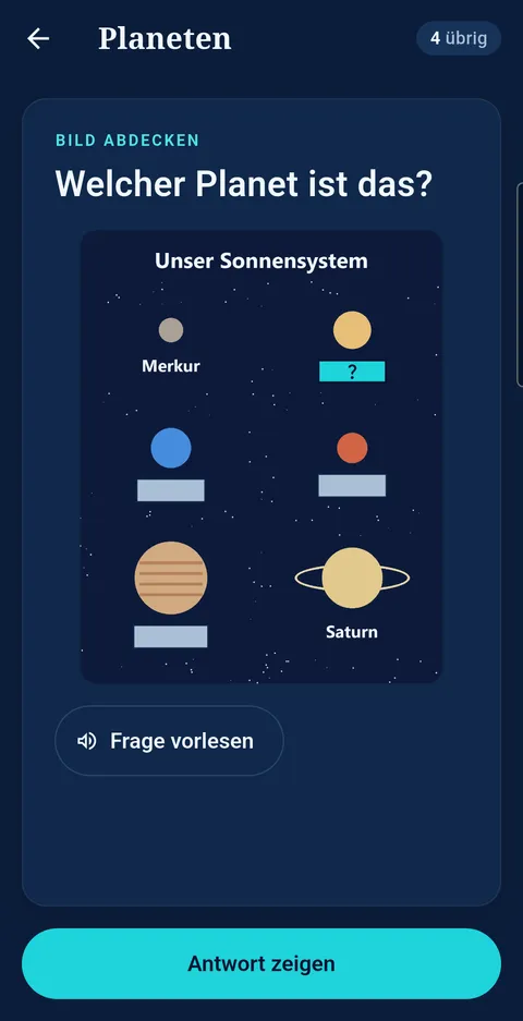 Lernkarte „Bild abdecken“: Sonnensystem mit verdeckten Planetennamen und der Frage „Welcher Planet ist das?“