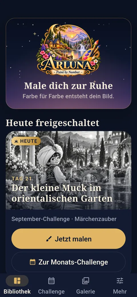 Startseite von ARLUNA – Paint by Number mit dem heute freigeschalteten Challenge-Motiv