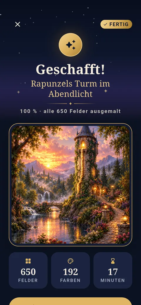 Fertig ausgemaltes Bild „Rapunzels Turm im Abendlicht“ mit 650 Feldern und 192 Farben