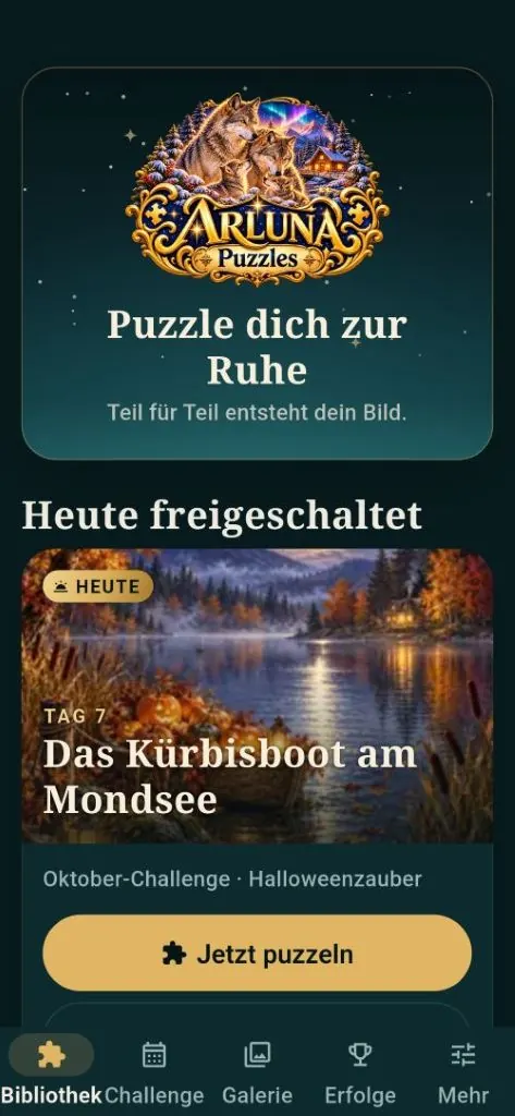 Bibliothek von ARLUNA – Puzzles mit dem heute freigeschalteten Motiv „Das Kürbisboot am Mondsee“