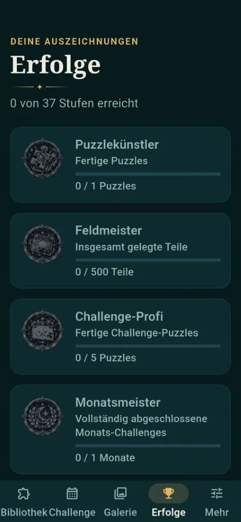 Übersicht der Erfolge wie Puzzlekünstler, Feldmeister und Challenge-Profi