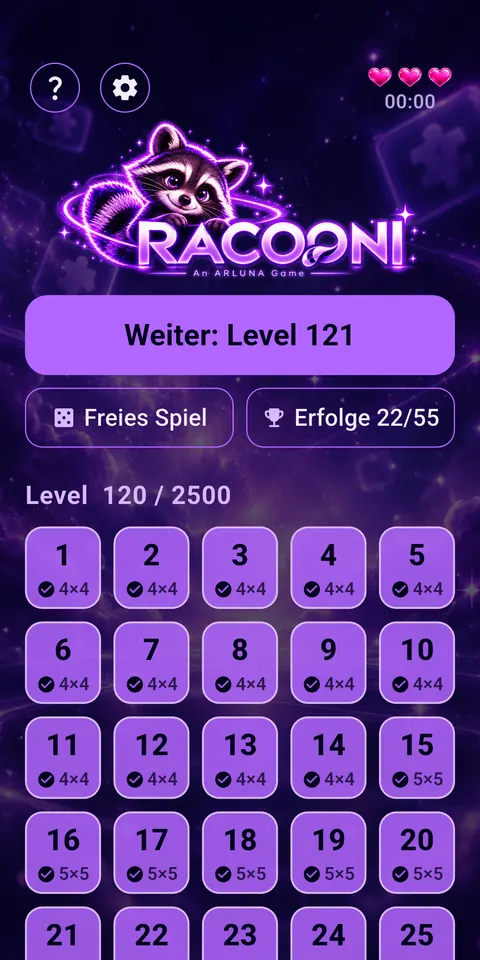 Hauptmenü von Racooni mit Levelübersicht und Waschi-Logo