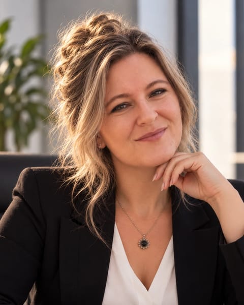 Diana Kluge, Inhaberin von Kluge Media, lächelnd an ihrem Schreibtisch